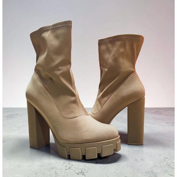 Shoes - Chunky Platform Block Heel Ankle Boots With Side Zipper In Taupe Satin Material